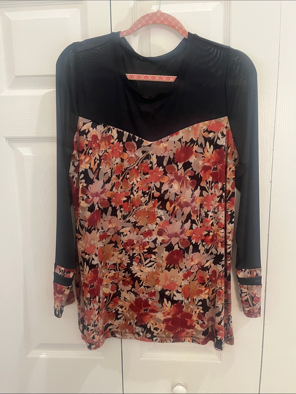 Lori Goldstein Floral Contrast Long-Sleeve Mesh Top - Black with Rust Floral